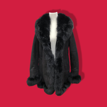 Load image into Gallery viewer, New Black Suede Shearling Lined Fox Fur Trim Luxury Coat