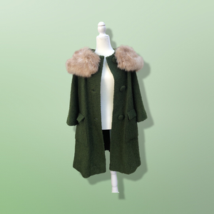 60’s Green Vintage Coat Wear Two Ways Removable Fox Fur Swing Coat Boucle Wool