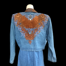 Load image into Gallery viewer, 80’s Vintage Three Piece Jean and Lace Skirt Bustier and Jacket Beaded and Embroidered Cowgirl Cowboy Beyoncé Style