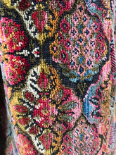 Load image into Gallery viewer, Vintage Hooded Tapestry Carpet Needlepoint Multi Color Rich Coat with Faux Fur Trim and Beaded Belt Boho Princess Boho Chic