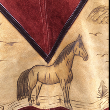 Load image into Gallery viewer, 70’s Suede Poncho Cape Equestrian Serape with Carved Horse Scene Mint Condition Fringe Border One Size Fits All Cowboy Cowgirl Unisex Southwestern Mexican Native Boho One of A Kind