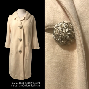 60’s White Cream Bataldi Wool Swing Coat with Large Crystal Buttons