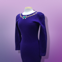 Load image into Gallery viewer, 80’s 90’s Purple Sweater Dress with Jeweled Detail Fitted Hourglass Figure