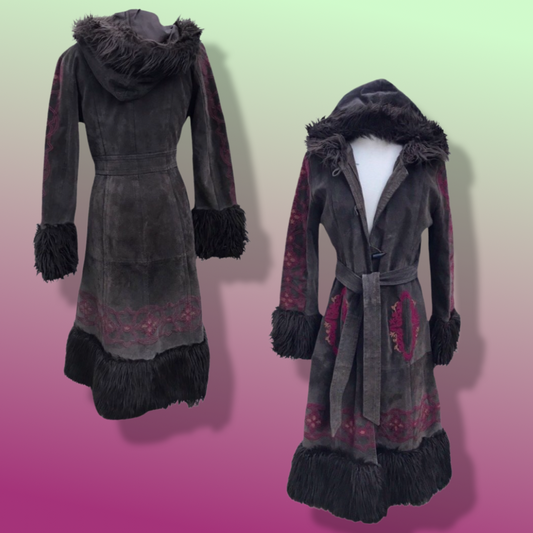 Boho Embroidered Suede Brown and Magenta faux shearling princess hooded coat