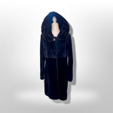Load image into Gallery viewer, Jet Black Hooded Mink and Shearling Luxury Coat with Rhinestone Button