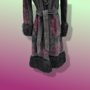 Boho Embroidered Suede Brown and Magenta faux shearling princess hooded coat