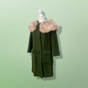 60’s Green Vintage Coat Wear Two Ways Removable Fox Fur Swing Coat Boucle Wool