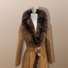 Load image into Gallery viewer, 70’s Caramel Leather Coat with Genuine Fur Trim Princess Fit and Flare Style