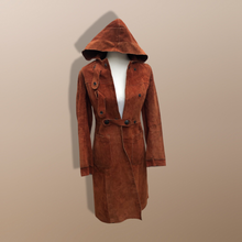 Load image into Gallery viewer, 70’s Vintage Suede Hooded Orange Rust Coat Small Petite Heavy Duty Snap Closure