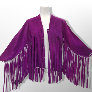 Authentic 70’s Magenta Purple Pink Suede Long Fringe Beaded Jacket Coat Boho Bohemian Hippy Chic