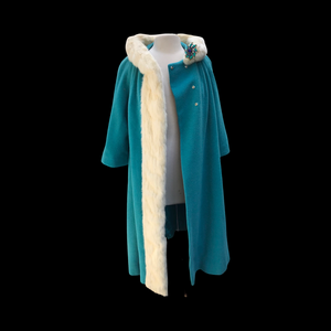 60’s LIlli Ann Coat Turquoise Blue with Ermine Mink Tuxedo Trim Collar “The World is Yours”