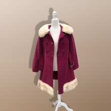 Load image into Gallery viewer, 60’s 70’s Velveteen Maroon Coat Vegan Faux Fur Belted