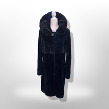 Load image into Gallery viewer, Jet Black Hooded Mink and Shearling Luxury Coat with Rhinestone Button