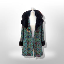 Load image into Gallery viewer, 60’s Vintage Tapestry Coat with Mink Trim Turquoise Pink Wool