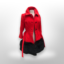 Load image into Gallery viewer, Women's Vintage Lilli Ann Coat- Lipstick Red Orange Bright 60's Mod Wool Thick Tiered Black Fox Fur Trim Fit Flare Princess Small Pinup