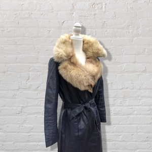 70’s Navy Leather Coat Trench Spy with Fox Fur Collar