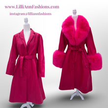 Load image into Gallery viewer, Vibrant Pink Leather and Fox Fur Trench Fit and Flare Pinup Coat