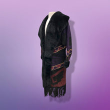 Load image into Gallery viewer, Purple Suede and Genuine Shearling Mosaic Coat with Fringe Western Aztec  Native Cowgirl Inspired Magenta Black and Gold