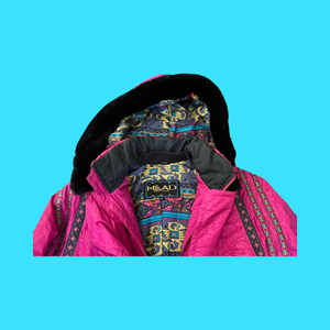 80’s 90’s Hot Pink Hooded Ski Windbreaker Jacket Cropped Tapered Waist Southwestern Aztec Trim