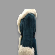 Load image into Gallery viewer, 70’s Vintage Blue Suede and Shearling Women’s Coat Jeweled Belt Boho Penny Lane Burning Man Coachella Hippy Russian Princess