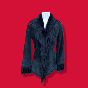 Vintage Black Suede Jacket Blazer Fitted with Tassle Fur Collar