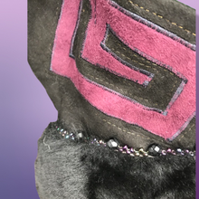 Load image into Gallery viewer, Purple Suede and Genuine Shearling Mosaic Coat with Fringe Western Aztec  Native Cowgirl Inspired Magenta Black and Gold