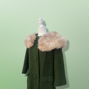 60’s Green Vintage Coat Wear Two Ways Removable Fox Fur Swing Coat Boucle Wool