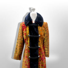 Load image into Gallery viewer, 60s 70s Vintage Gold And Red Floral Carpet Tapestry Coat Velvet Sherpa Boho Chic Burning Man Woodstock Russian Princess Sergeant Pepper's