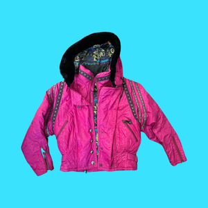 80’s 90’s Hot Pink Hooded Ski Windbreaker Jacket Cropped Tapered Waist Southwestern Aztec Trim