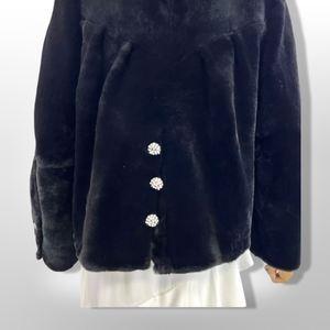New Luxury Sheared Black Mink Hooded Coat with Rhinestone Detail