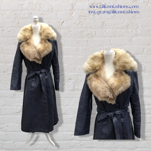 70’s Navy Leather Coat Trench Spy with Fox Fur Collar