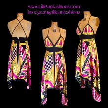 Load image into Gallery viewer, Maxi Dress Asymmetrical Silk Made in Paris V Neck Pink Magenta Yellow Floral and Geometric S/M