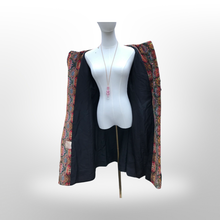 Load image into Gallery viewer, Vintage Hooded Tapestry Carpet Needlepoint Multi Color Rich Coat with Faux Fur Trim and Beaded Belt Boho Princess Boho Chic