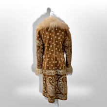 Load image into Gallery viewer, Boho Penny Lane Caramel Suede Sheepskin Curly Mongolian Lamb Intricate Embroidery Embroidered Coat Custom Made in France