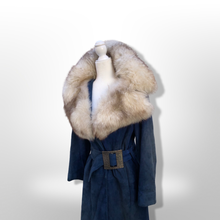 Load image into Gallery viewer, 1970’s Vintage Blue Suede and Fox Fur Belted Bohemian Boho Chic Princess Hippy Burning Man Coachella Festival Fall Winter Coat