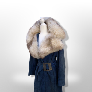 1970’s Vintage Blue Suede and Fox Fur Belted Bohemian Boho Chic Princess Hippy Burning Man Coachella Festival Fall Winter Coat