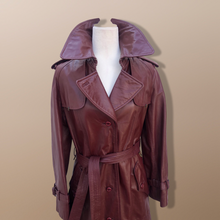 Load image into Gallery viewer, 70’s Leather Spy Trench Coat Oxblood Maroon Deep Bergundy Color