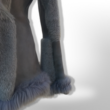 Load image into Gallery viewer, Gray Blue Suede Shearling Hooded Flare Bell Sleeve Coat