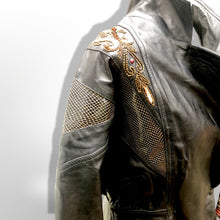 Load image into Gallery viewer, 80’s Black Leather Jacket Glam Gold Beaded and Embroidered Studio 54 David Bowie Style Dolman Sleeve