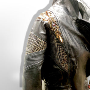 80’s Black Leather Jacket Glam Gold Beaded and Embroidered Studio 54 David Bowie Style Dolman Sleeve
