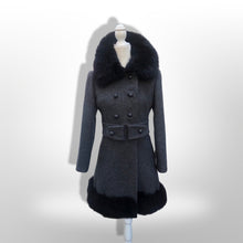 Load image into Gallery viewer, 60’s Vintage Black Wool Coat Fur Trim Sewn in Matching Belt