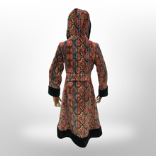 Load image into Gallery viewer, Vintage Hooded Tapestry Carpet Needlepoint Multi Color Rich Coat with Faux Fur Trim and Beaded Belt Boho Princess Boho Chic
