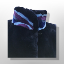 Load image into Gallery viewer, Black Fur Sheared Beaver Coat Made full pelts with Blue And Purple Ocean Scene Intarsia Made in Canada Nordstrom New Yorker Zuki