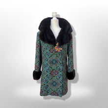 Load image into Gallery viewer, 60’s Vintage Tapestry Coat with Mink Trim Turquoise Pink Wool