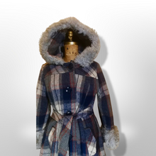 Load image into Gallery viewer, Plaid Pinup Princess Fit and Flare Wool Hooded Faux Shearling Coat Boho Almost Famous Penny Lane M/L