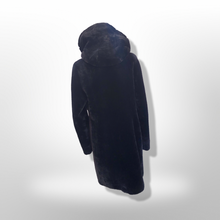 Load image into Gallery viewer, Jet Black Hooded Mink and Shearling Luxury Coat with Rhinestone Button