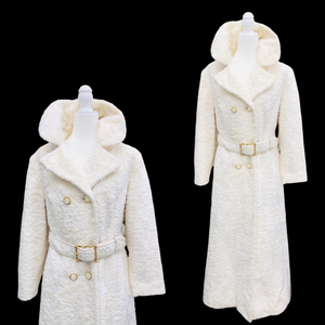 Vintage Robert Meshekoff Faux Persian Lamb Astrakhan White Belted Full Length Double Breasted Coat