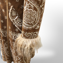 Load image into Gallery viewer, Boho Penny Lane Caramel Suede Sheepskin Curly Mongolian Lamb Intricate Embroidery Embroidered Coat Custom Made in France
