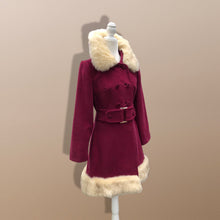 Load image into Gallery viewer, 60’s 70’s Velveteen Maroon Coat Vegan Faux Fur Belted
