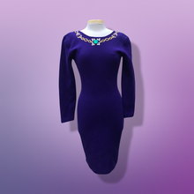 Load image into Gallery viewer, 80’s 90’s Purple Sweater Dress with Jeweled Detail Fitted Hourglass Figure